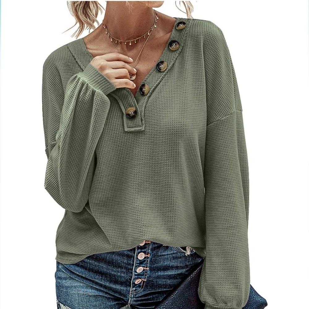 Women Waffle Knit Shirts| V-Neck Long Sleeve Casual Slouchy Button Pullover
